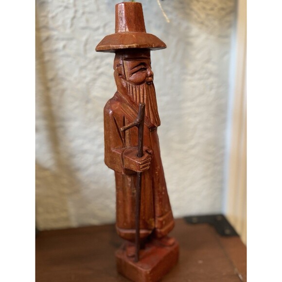 Asian Hand Crafted Vintage Wood Man with Walking Stick Figure Sculpture Folk Art - Picture 7 of 7